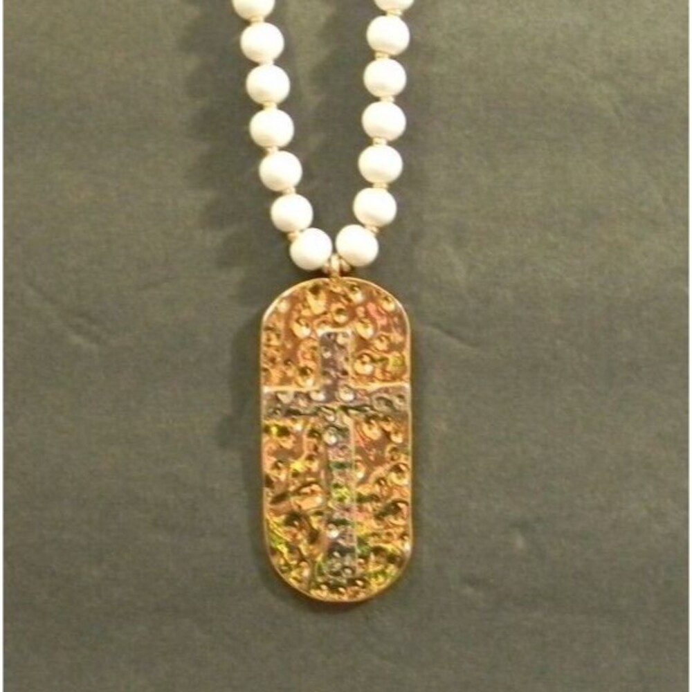 Cross Necklace Contemporary Gold/Silver with White Beads NEW